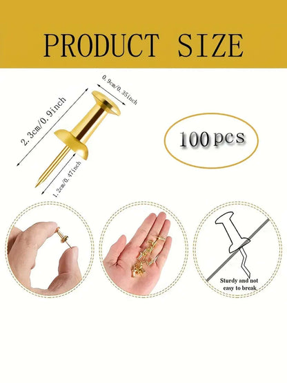 100pcs Gold-Color Push Pins, Standard Plastic Gold Thumbtacks, Soft Board Hanging Notice Bulletin Decorative Pins, Office Supplies Back To School