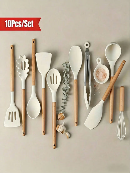 10pcs Silicone Kitchen Utensil Set With Wooden Handles Non-Stick Heat Resistant Cooking Tools For Home And Restaurant