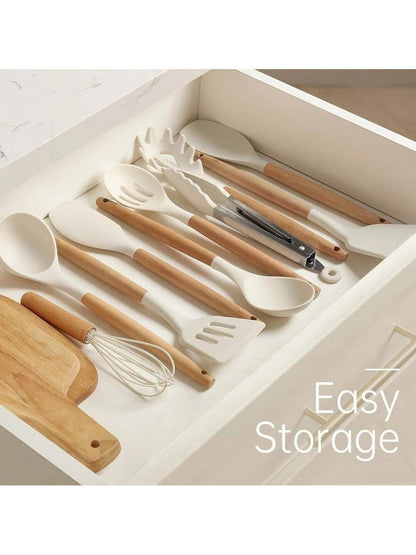 10pcs Silicone Kitchen Utensil Set With Wooden Handles Non-Stick Heat Resistant Cooking Tools For Home And Restaurant