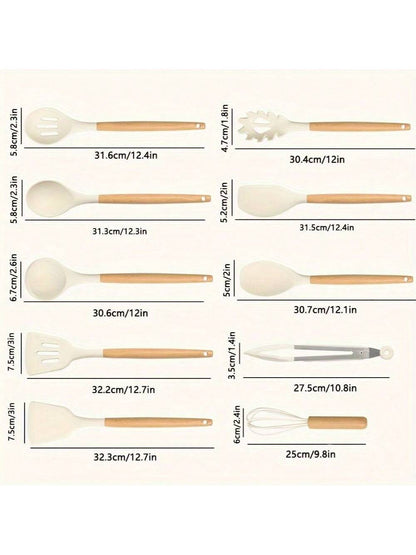 10pcs Silicone Kitchen Utensil Set With Wooden Handles Non-Stick Heat Resistant Cooking Tools For Home And Restaurant