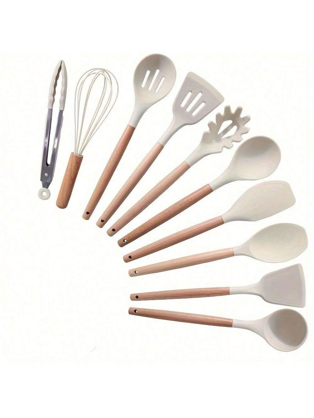 10pcs Silicone Kitchen Utensil Set With Wooden Handles Non-Stick Heat Resistant Cooking Tools For Home And Restaurant