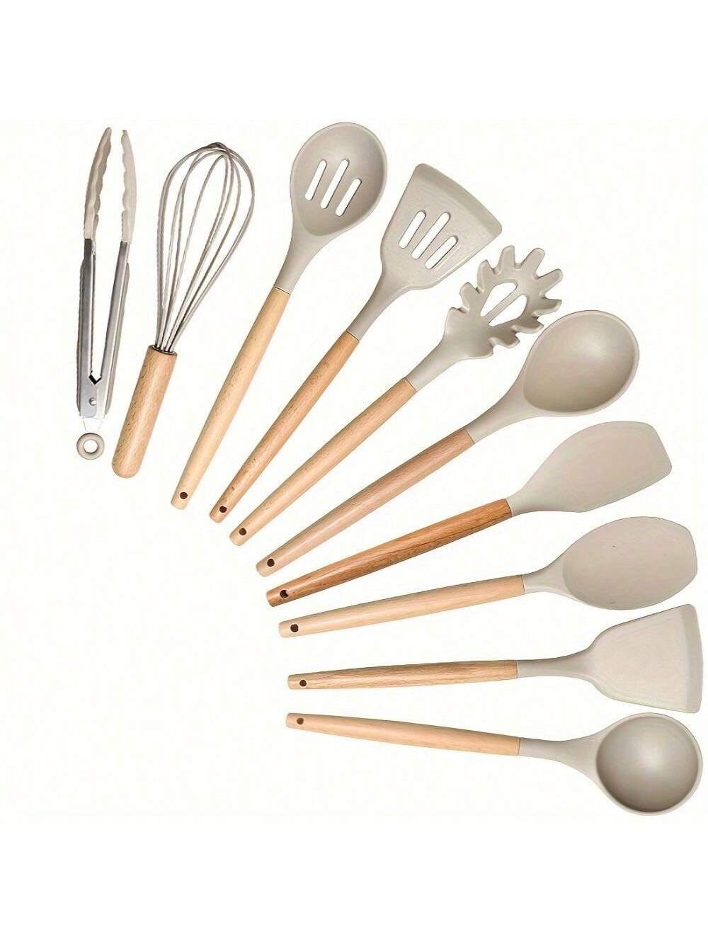 10pcs Silicone Kitchen Utensil Set With Wooden Handles Non-Stick Heat Resistant Cooking Tools For Home And Restaurant