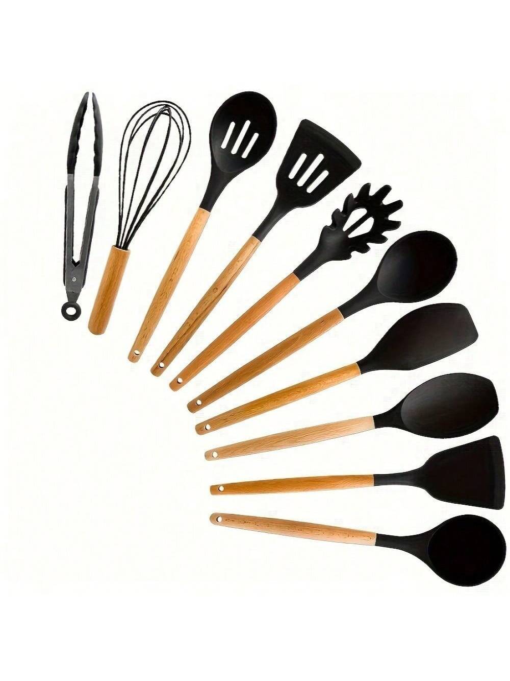 10pcs Silicone Kitchen Utensil Set With Wooden Handles Non-Stick Heat Resistant Cooking Tools For Home And Restaurant