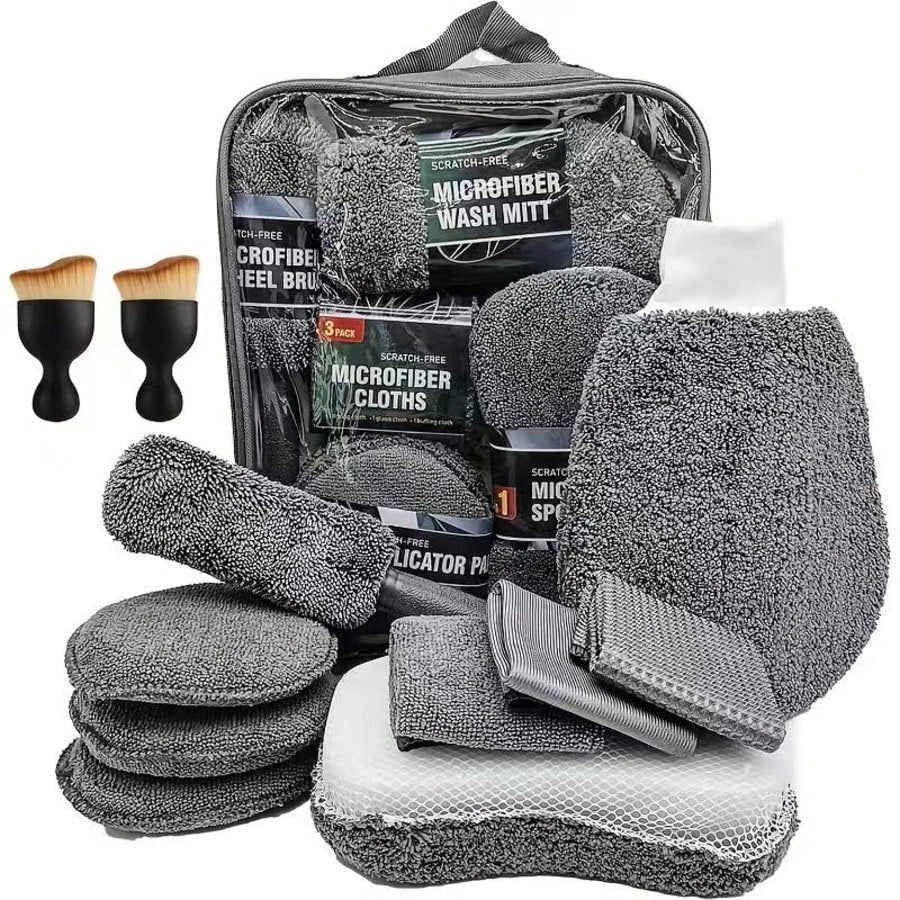 11-Piece Car Cleaning Kit, Including Tire Brush, Microfiber Cleaning Glove, Thick Absorbent Scratch-Removal Pad, And Detailing Sponges For Interior And Exterior Car Care, Professional Car Detailing Cl