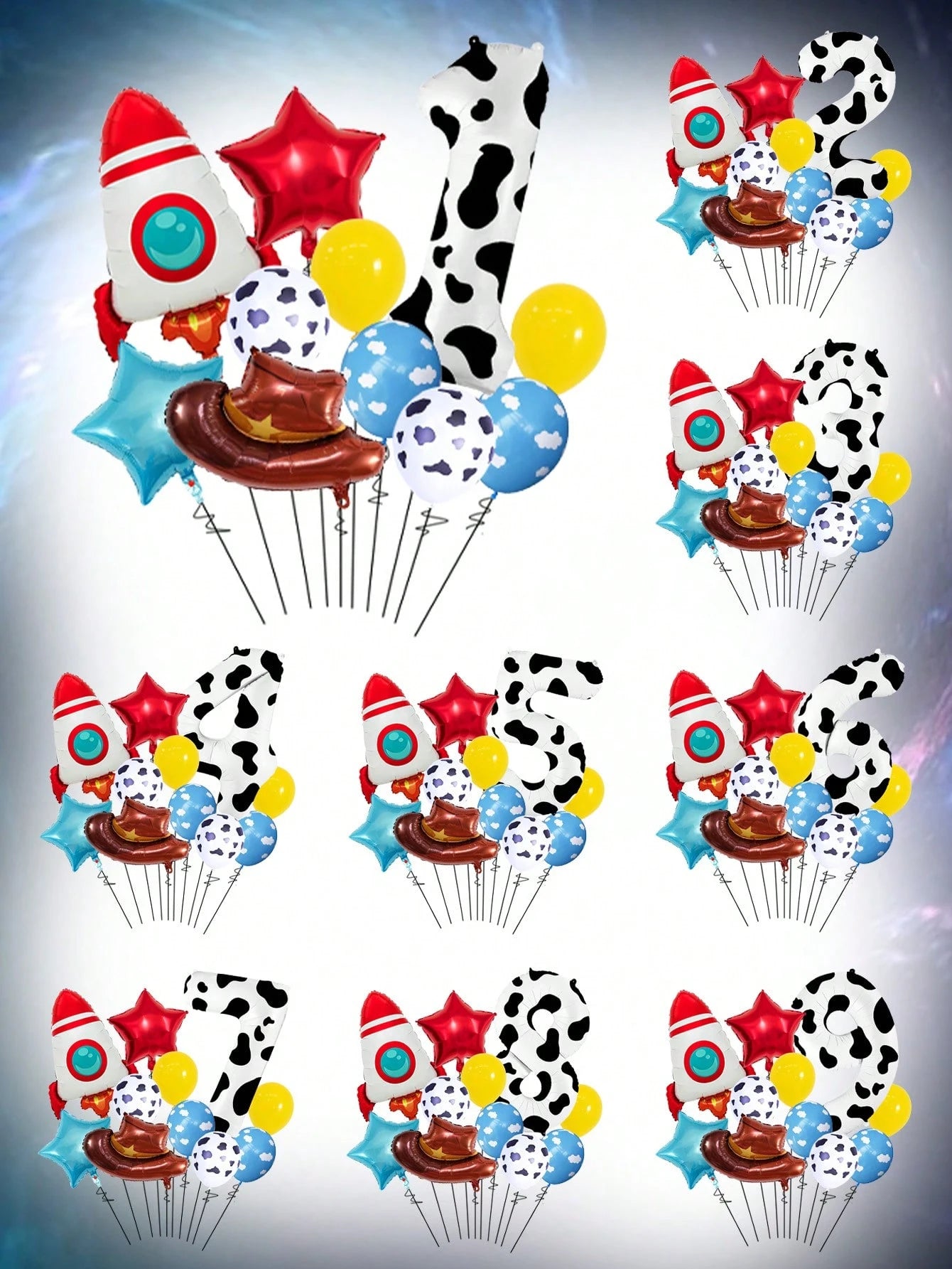 11pcs 40 Inch Number Balloon Set, Rocket Hat Foil Balloon, Star Balloon, Cow Print White Cloud Yellow Latex Balloon, Large 0-9 Cow Print Number Balloon, Suitable For Birthday Party, Western Cowboy The