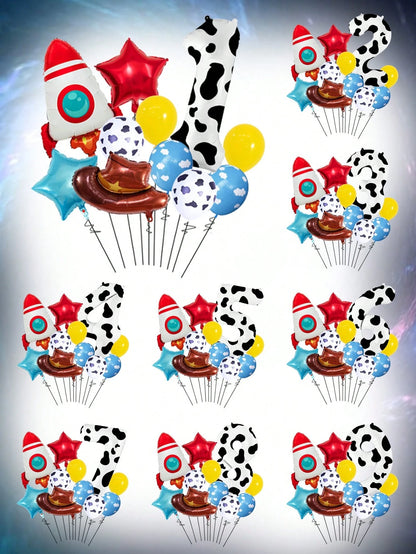 11pcs 40 Inch Number Balloon Set, Rocket Hat Foil Balloon, Star Balloon, Cow Print White Cloud Yellow Latex Balloon, Large 0-9 Cow Print Number Balloon, Suitable For Birthday Party, Western Cowboy The