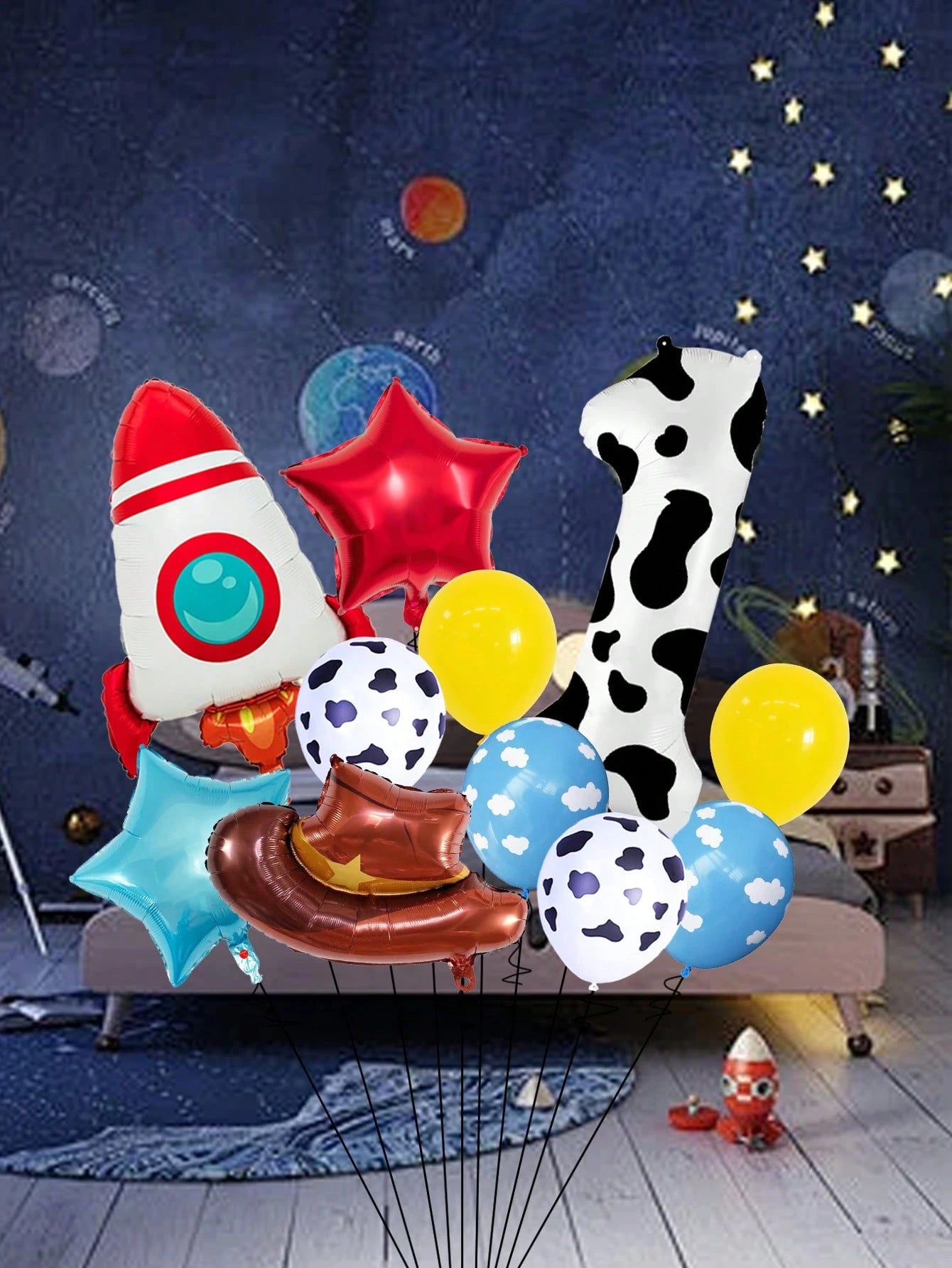 11pcs 40 Inch Number Balloon Set, Rocket Hat Foil Balloon, Star Balloon, Cow Print White Cloud Yellow Latex Balloon, Large 0-9 Cow Print Number Balloon, Suitable For Birthday Party, Western Cowboy The