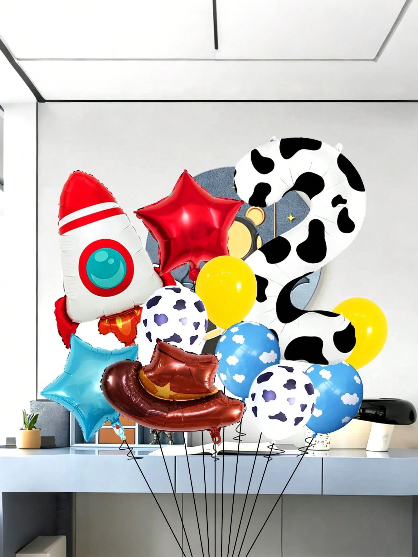 11pcs 40 Inch Number Balloon Set, Rocket Hat Foil Balloon, Star Balloon, Cow Print White Cloud Yellow Latex Balloon, Large 0-9 Cow Print Number Balloon, Suitable For Birthday Party, Western Cowboy The