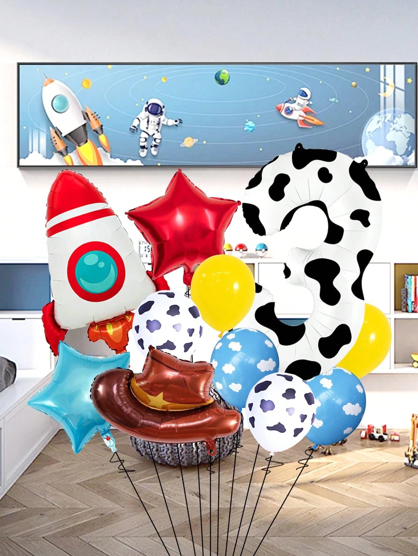 11pcs 40 Inch Number Balloon Set, Rocket Hat Foil Balloon, Star Balloon, Cow Print White Cloud Yellow Latex Balloon, Large 0-9 Cow Print Number Balloon, Suitable For Birthday Party, Western Cowboy The
