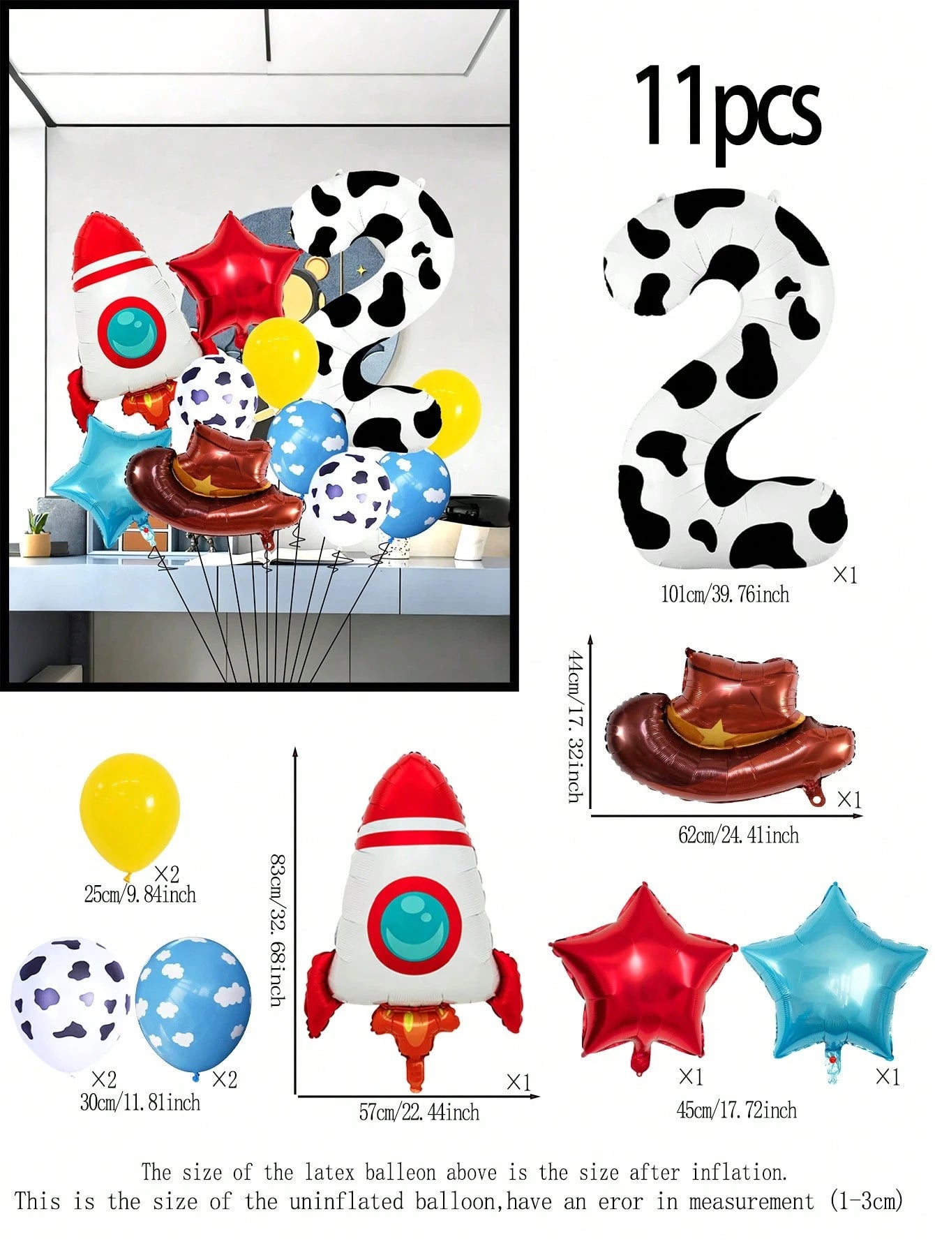 11pcs 40 Inch Number Balloon Set, Rocket Hat Foil Balloon, Star Balloon, Cow Print White Cloud Yellow Latex Balloon, Large 0-9 Cow Print Number Balloon, Suitable For Birthday Party, Western Cowboy The