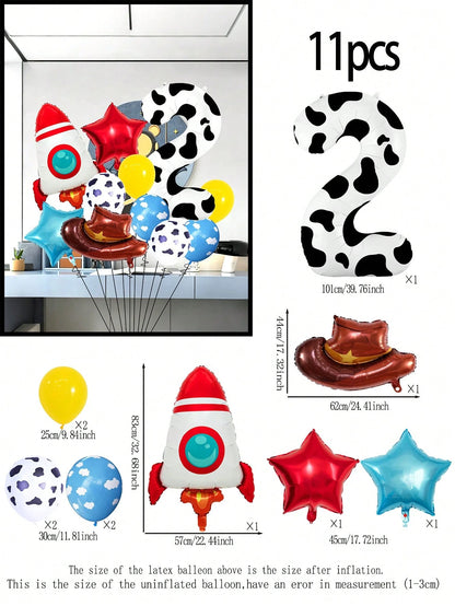 11pcs 40 Inch Number Balloon Set, Rocket Hat Foil Balloon, Star Balloon, Cow Print White Cloud Yellow Latex Balloon, Large 0-9 Cow Print Number Balloon, Suitable For Birthday Party, Western Cowboy The