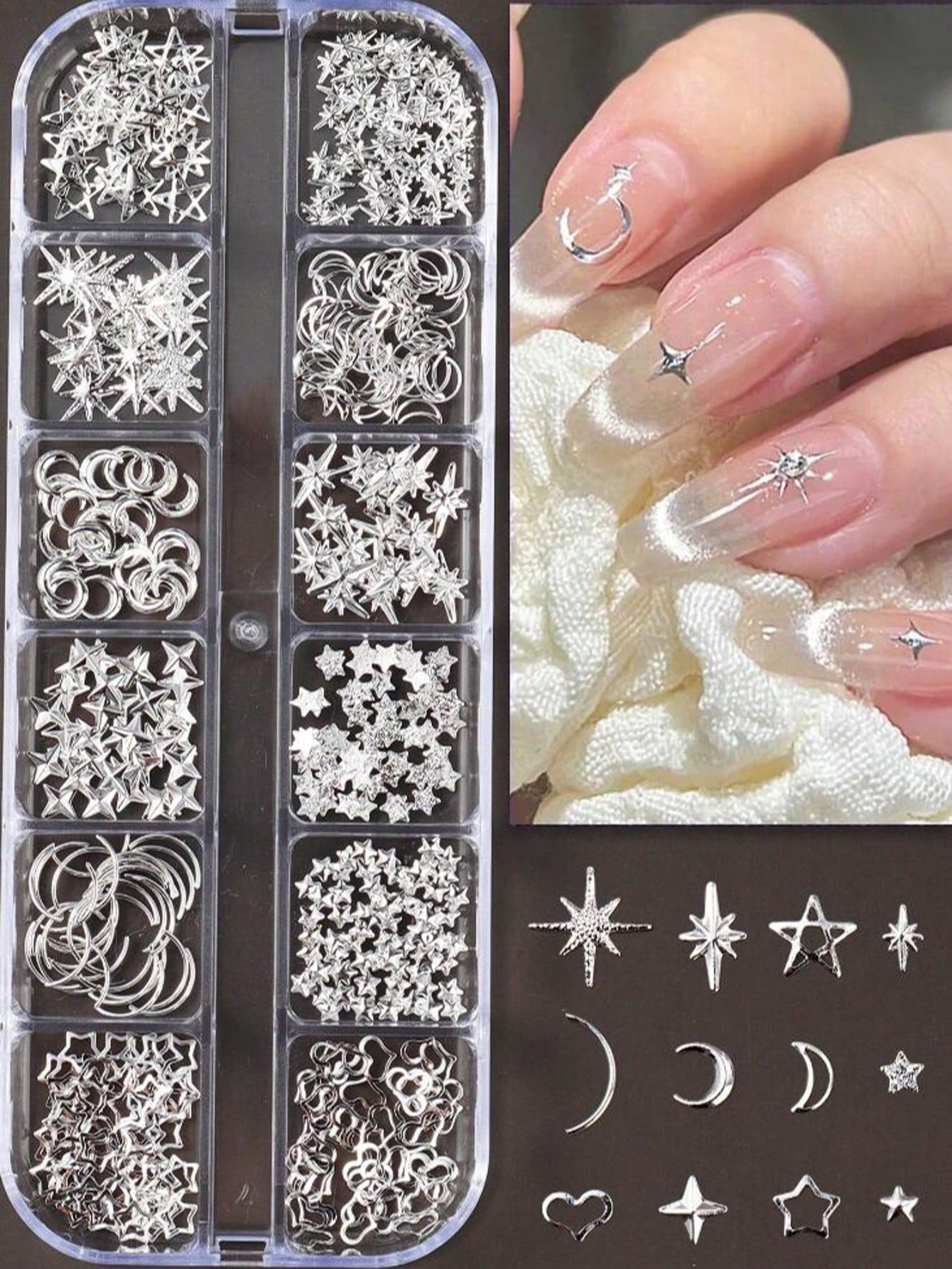 12-Compartment Box 3D Silver Moon & Star Metal Nail Art Decorations, 3D Y2K Style Mixed Rhinestones, 12-Compartment Silver Metal Nail Gems DIY Nail Art Supplies Nails Nail Charms
