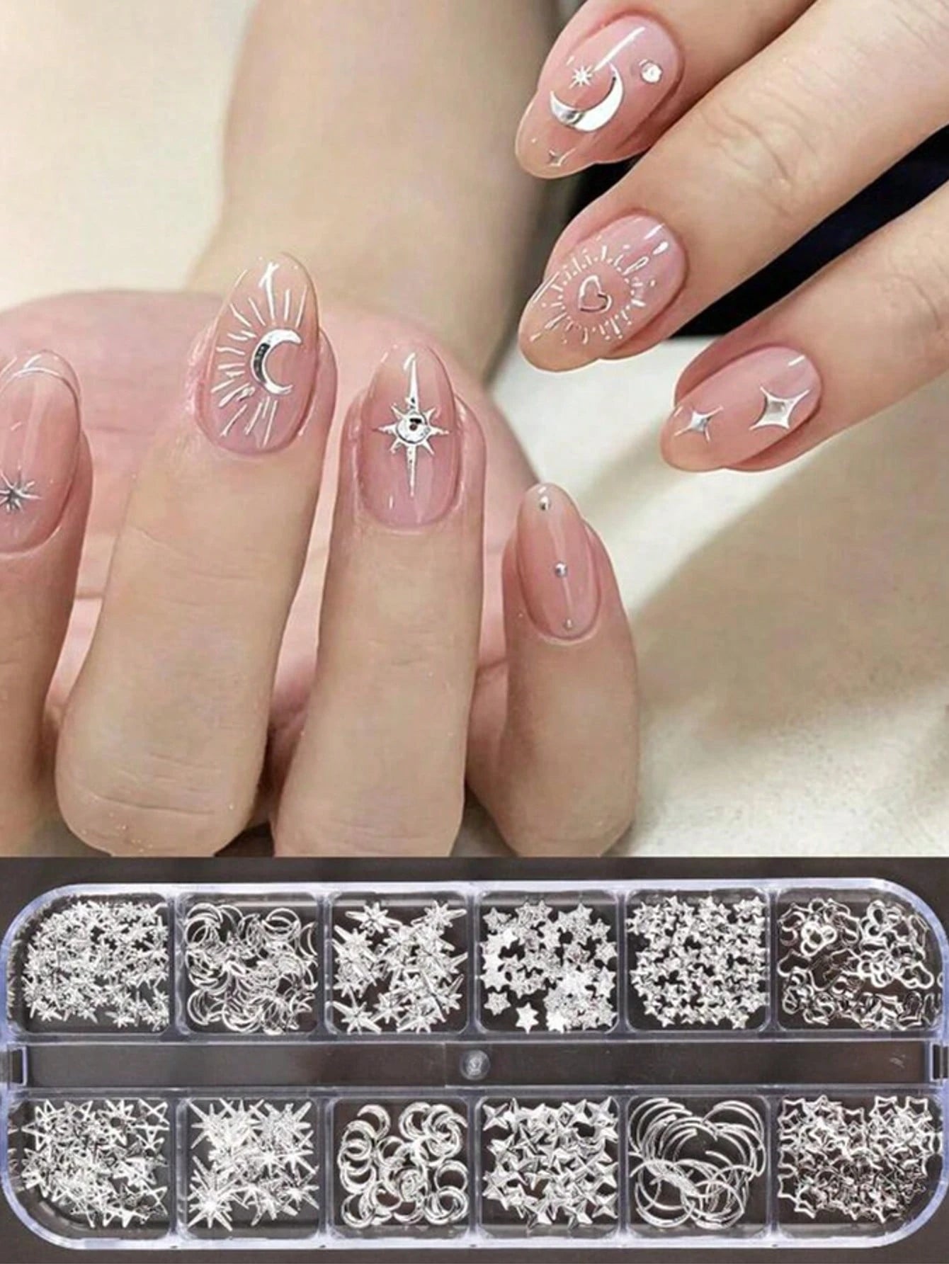 12-Compartment Box 3D Silver Moon & Star Metal Nail Art Decorations, 3D Y2K Style Mixed Rhinestones, 12-Compartment Silver Metal Nail Gems DIY Nail Art Supplies Nails Nail Charms