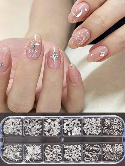 12-Compartment Box 3D Silver Moon & Star Metal Nail Art Decorations, 3D Y2K Style Mixed Rhinestones, 12-Compartment Silver Metal Nail Gems DIY Nail Art Supplies Nails Nail Charms