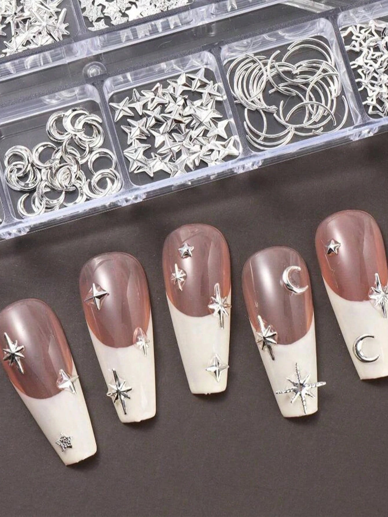 12-Compartment Box 3D Silver Moon & Star Metal Nail Art Decorations, 3D Y2K Style Mixed Rhinestones, 12-Compartment Silver Metal Nail Gems DIY Nail Art Supplies Nails Nail Charms
