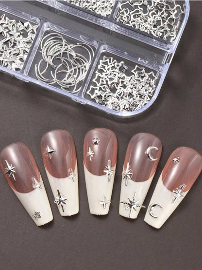 12-Compartment Box 3D Silver Moon & Star Metal Nail Art Decorations, 3D Y2K Style Mixed Rhinestones, 12-Compartment Silver Metal Nail Gems DIY Nail Art Supplies Nails Nail Charms