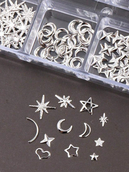 12-Compartment Box 3D Silver Moon & Star Metal Nail Art Decorations, 3D Y2K Style Mixed Rhinestones, 12-Compartment Silver Metal Nail Gems DIY Nail Art Supplies Nails Nail Charms