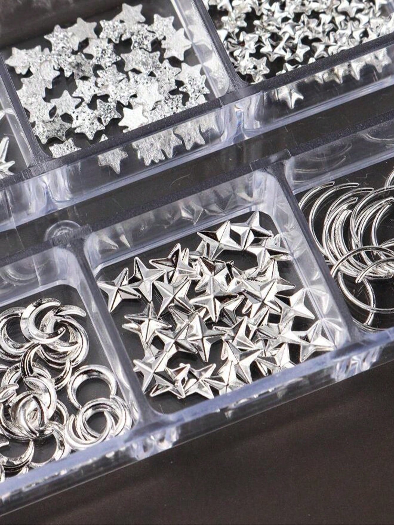 12-Compartment Box 3D Silver Moon & Star Metal Nail Art Decorations, 3D Y2K Style Mixed Rhinestones, 12-Compartment Silver Metal Nail Gems DIY Nail Art Supplies Nails Nail Charms