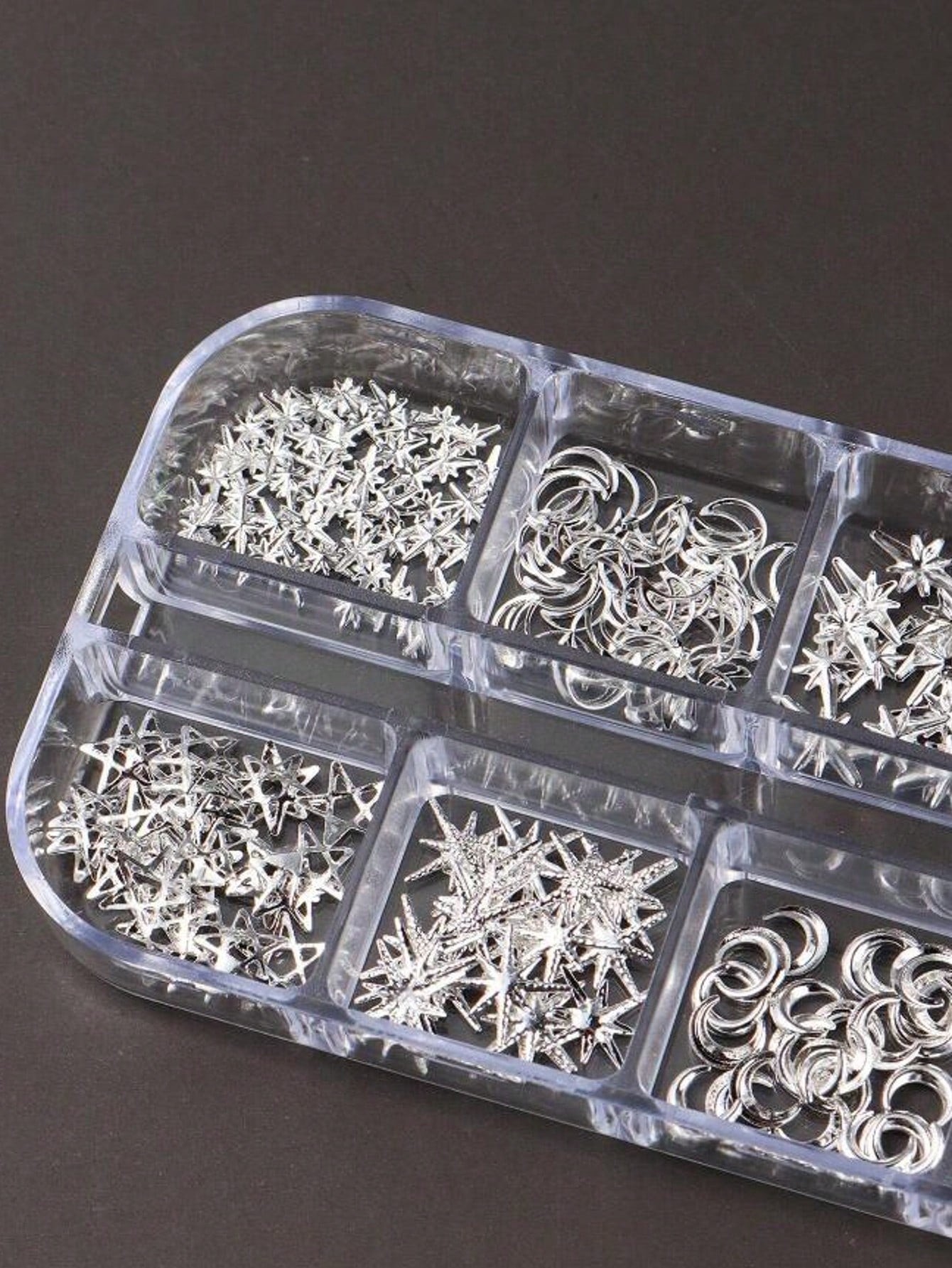 12-Compartment Box 3D Silver Moon & Star Metal Nail Art Decorations, 3D Y2K Style Mixed Rhinestones, 12-Compartment Silver Metal Nail Gems DIY Nail Art Supplies Nails Nail Charms