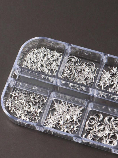 12-Compartment Box 3D Silver Moon & Star Metal Nail Art Decorations, 3D Y2K Style Mixed Rhinestones, 12-Compartment Silver Metal Nail Gems DIY Nail Art Supplies Nails Nail Charms