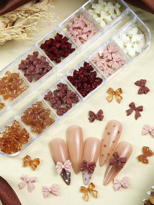 12 Grids Brown Ribbon Bow Nail Art Decorations, Burgundy Bow Nail Decor DIY, New Year Holiday Nail Supplies Accessories Nails Nail Charms