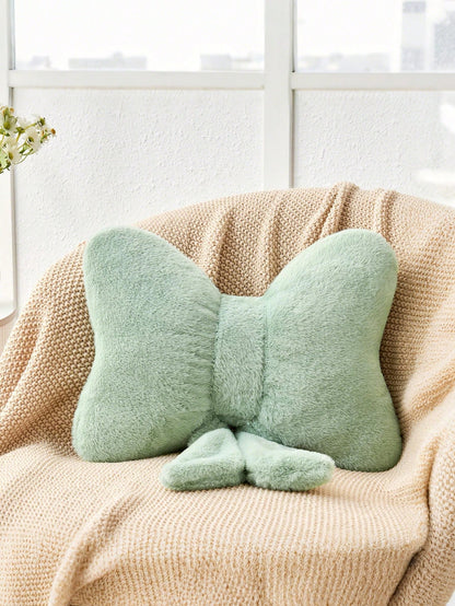 12-Inch Soft Faux Fur Bowknot Decorative Throw Pillow, Suitable For Bed, Sofa, Bench And Home Decor, Ideal For Daily Gatherings And Christmas Decoration