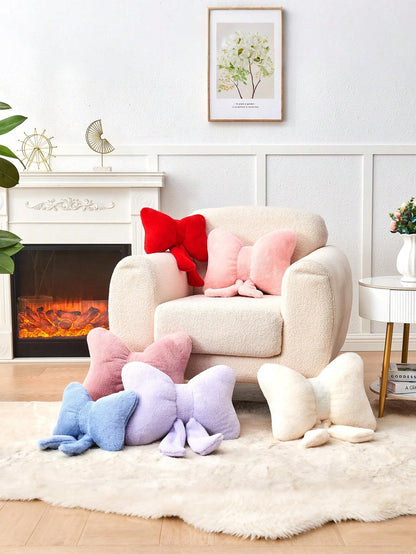 12-Inch Soft Faux Fur Bowknot Decorative Throw Pillow, Suitable For Bed, Sofa, Bench And Home Decor, Ideal For Daily Gatherings And Christmas Decoration