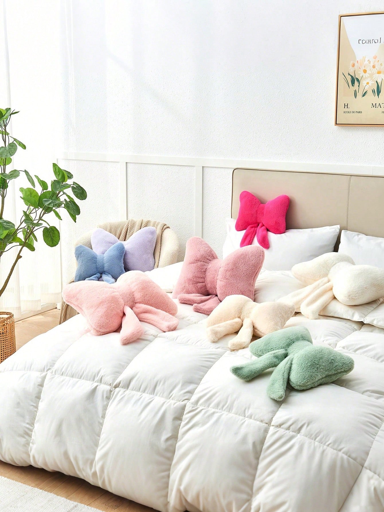 12-Inch Soft Faux Fur Bowknot Decorative Throw Pillow, Suitable For Bed, Sofa, Bench And Home Decor, Ideal For Daily Gatherings And Christmas Decoration