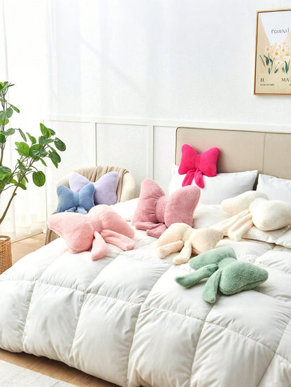 12-Inch Soft Faux Fur Bowknot Decorative Throw Pillow, Suitable For Bed, Sofa, Bench And Home Decor, Ideal For Daily Gatherings And Christmas Decoration