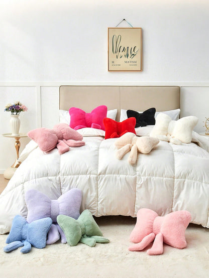 12-Inch Soft Faux Fur Bowknot Decorative Throw Pillow, Suitable For Bed, Sofa, Bench And Home Decor, Ideal For Daily Gatherings And Christmas Decoration