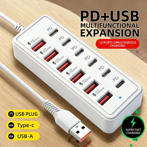12-Port USB Fast Charging Station- 6 Type-C PD + 6 USB-A Ports, Max 66W Output Per Port, Compact Design, High-Speed Charging, Suitable For Laptops/Tablets/Multiple Devices, Workspace Power Hub