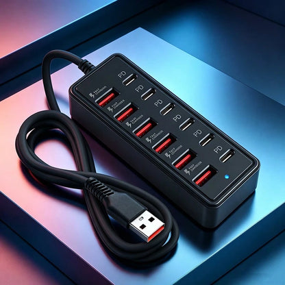 12-Port USB Fast Charging Station- 6 Type-C PD + 6 USB-A Ports, Max 66W Output Per Port, Compact Design, High-Speed Charging, Suitable For Laptops/Tablets/Multiple Devices, Workspace Power Hub