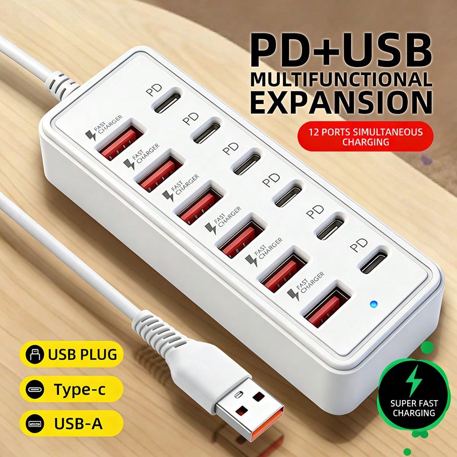 12-Port USB Fast Charging Station- 6 Type-C PD + 6 USB-A Ports, Max 66W Output Per Port, Compact Design, High-Speed Charging, Suitable For Laptops/Tablets/Multiple Devices, Workspace Power Hub