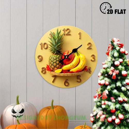 12inch Fruit-Themed Silent Non-Ticking Wall Clock, Suitable For Rooms, Baby Rooms, Bedrooms, And Offices- Wooden- Silent Sweep Movement