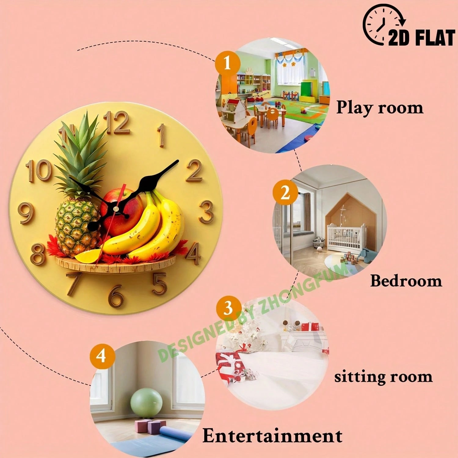 12inch Fruit-Themed Silent Non-Ticking Wall Clock, Suitable For Rooms, Baby Rooms, Bedrooms, And Offices- Wooden- Silent Sweep Movement