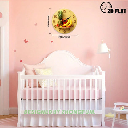 12inch Fruit-Themed Silent Non-Ticking Wall Clock, Suitable For Rooms, Baby Rooms, Bedrooms, And Offices- Wooden- Silent Sweep Movement