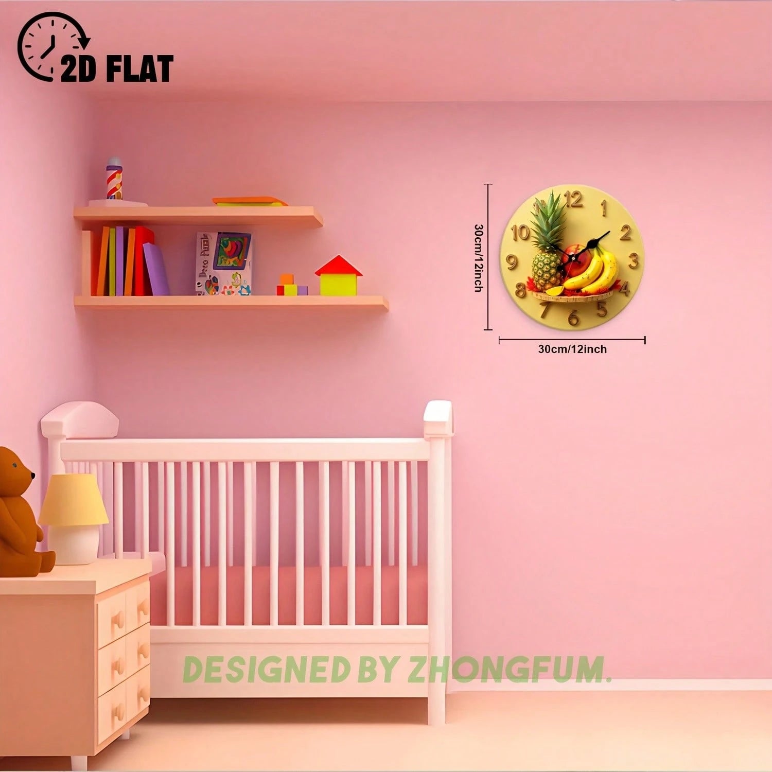 12inch Fruit-Themed Silent Non-Ticking Wall Clock, Suitable For Rooms, Baby Rooms, Bedrooms, And Offices- Wooden- Silent Sweep Movement