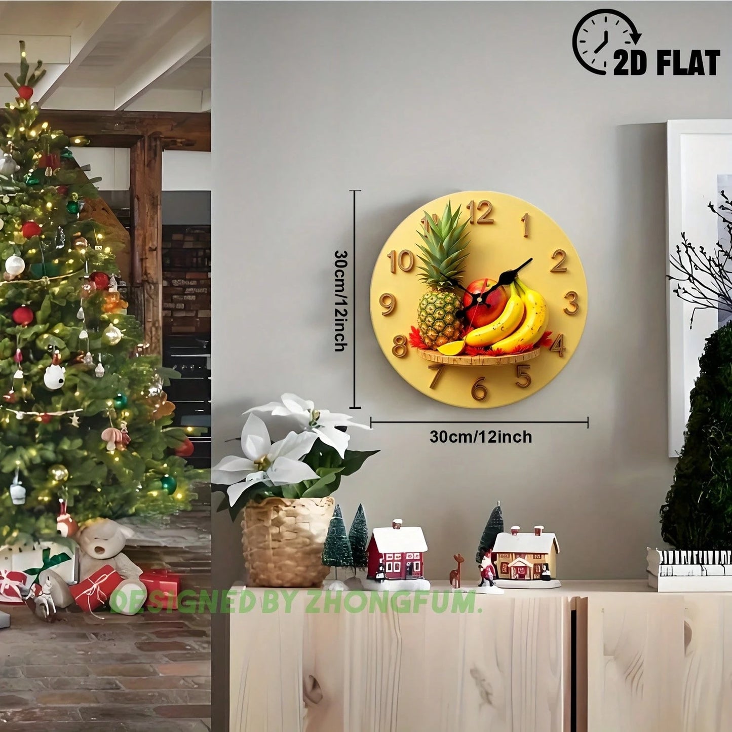 12inch Fruit-Themed Silent Non-Ticking Wall Clock, Suitable For Rooms, Baby Rooms, Bedrooms, And Offices- Wooden- Silent Sweep Movement