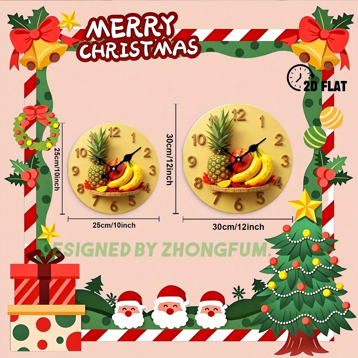 12inch Fruit-Themed Silent Non-Ticking Wall Clock, Suitable For Rooms, Baby Rooms, Bedrooms, And Offices- Wooden- Silent Sweep Movement