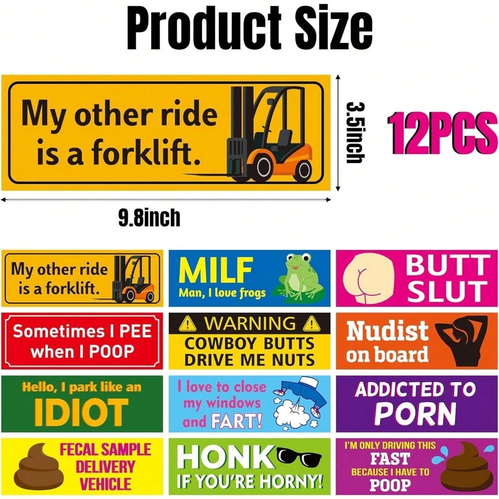 12pcs Funny Car Magnet, Prank Magnetic Bumper Decals For Adult Waterproof Car Hilarious Bumper Sticker Reusable Joke Funny Bumper Warming Sign For Car Truck Vehicle