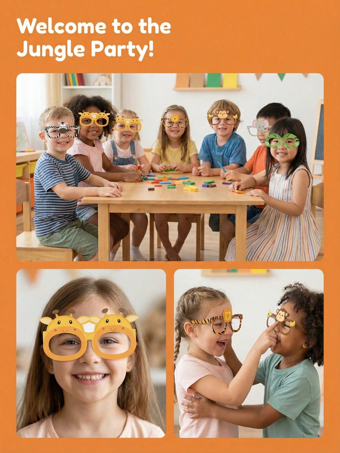 12pcs Jungle Animal Theme Paper Masks, Jungle Adventure Birthday Celebration, Cartoon Animal Theme Glasses, Suitable For Photo Taking At Events, Forest Theme Party Favor Glasses, Green Forest Wild Ani