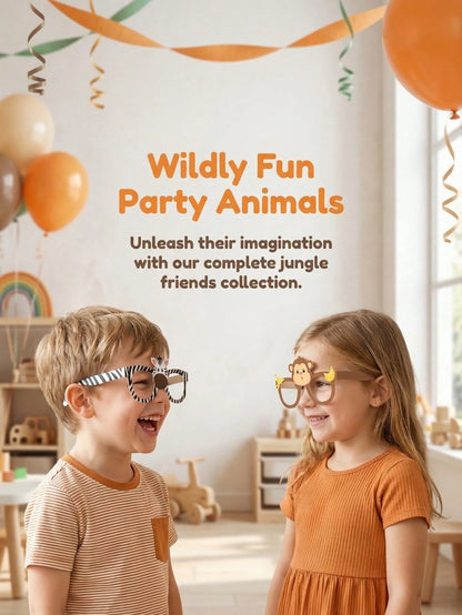 12pcs Jungle Animal Theme Paper Masks, Jungle Adventure Birthday Celebration, Cartoon Animal Theme Glasses, Suitable For Photo Taking At Events, Forest Theme Party Favor Glasses, Green Forest Wild Ani