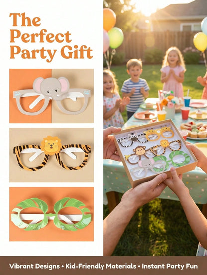12pcs Jungle Animal Theme Paper Masks, Jungle Adventure Birthday Celebration, Cartoon Animal Theme Glasses, Suitable For Photo Taking At Events, Forest Theme Party Favor Glasses, Green Forest Wild Ani