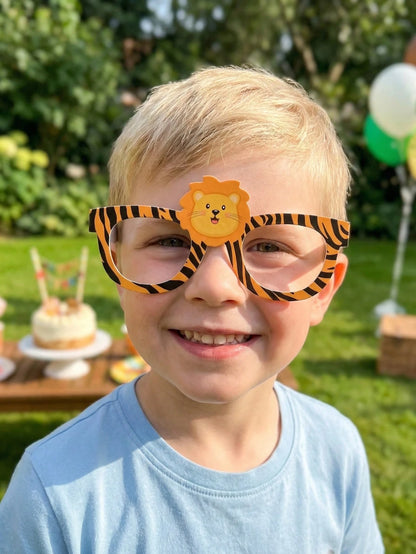 12pcs Jungle Animal Theme Paper Masks, Jungle Adventure Birthday Celebration, Cartoon Animal Theme Glasses, Suitable For Photo Taking At Events, Forest Theme Party Favor Glasses, Green Forest Wild Ani