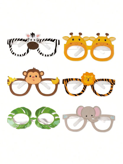 12pcs Jungle Animal Theme Paper Masks, Jungle Adventure Birthday Celebration, Cartoon Animal Theme Glasses, Suitable For Photo Taking At Events, Forest Theme Party Favor Glasses, Green Forest Wild Ani