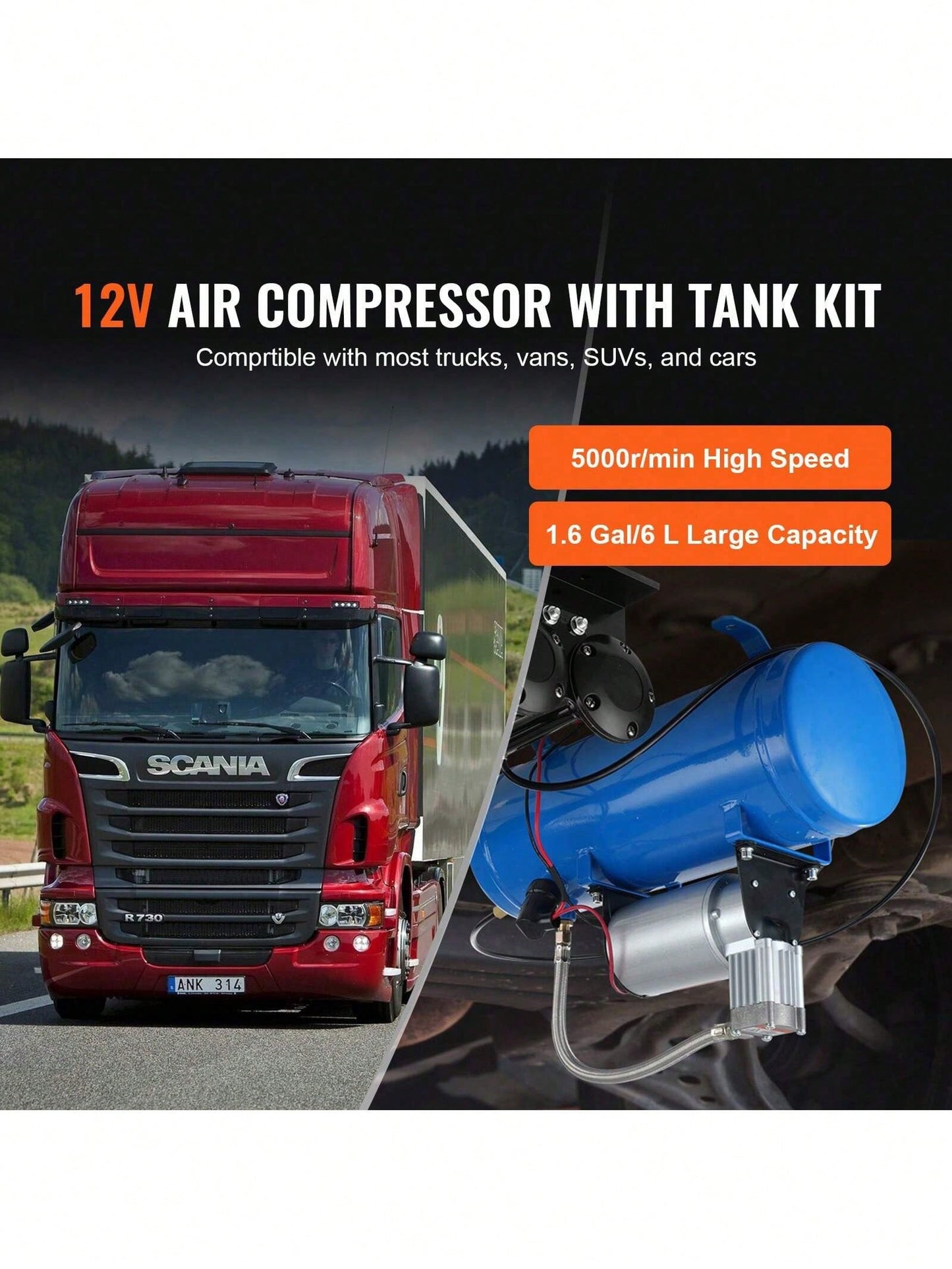 12V Air Compressor With Tank 1.6 Gallon/6 L, Train Horn Air Compressor, 120 Psi Working Pressure Onboard Air Compressor System For Train Air Horns, Inflating Tires, Air Mattresses