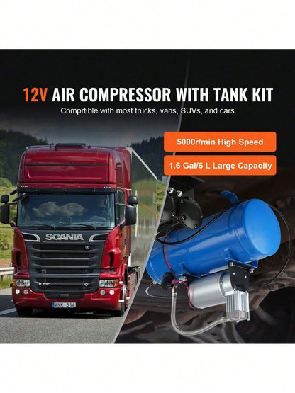 12V Air Compressor With Tank 1.6 Gallon/6 L, Train Horn Air Compressor, 120 Psi Working Pressure Onboard Air Compressor System For Train Air Horns, Inflating Tires, Air Mattresses