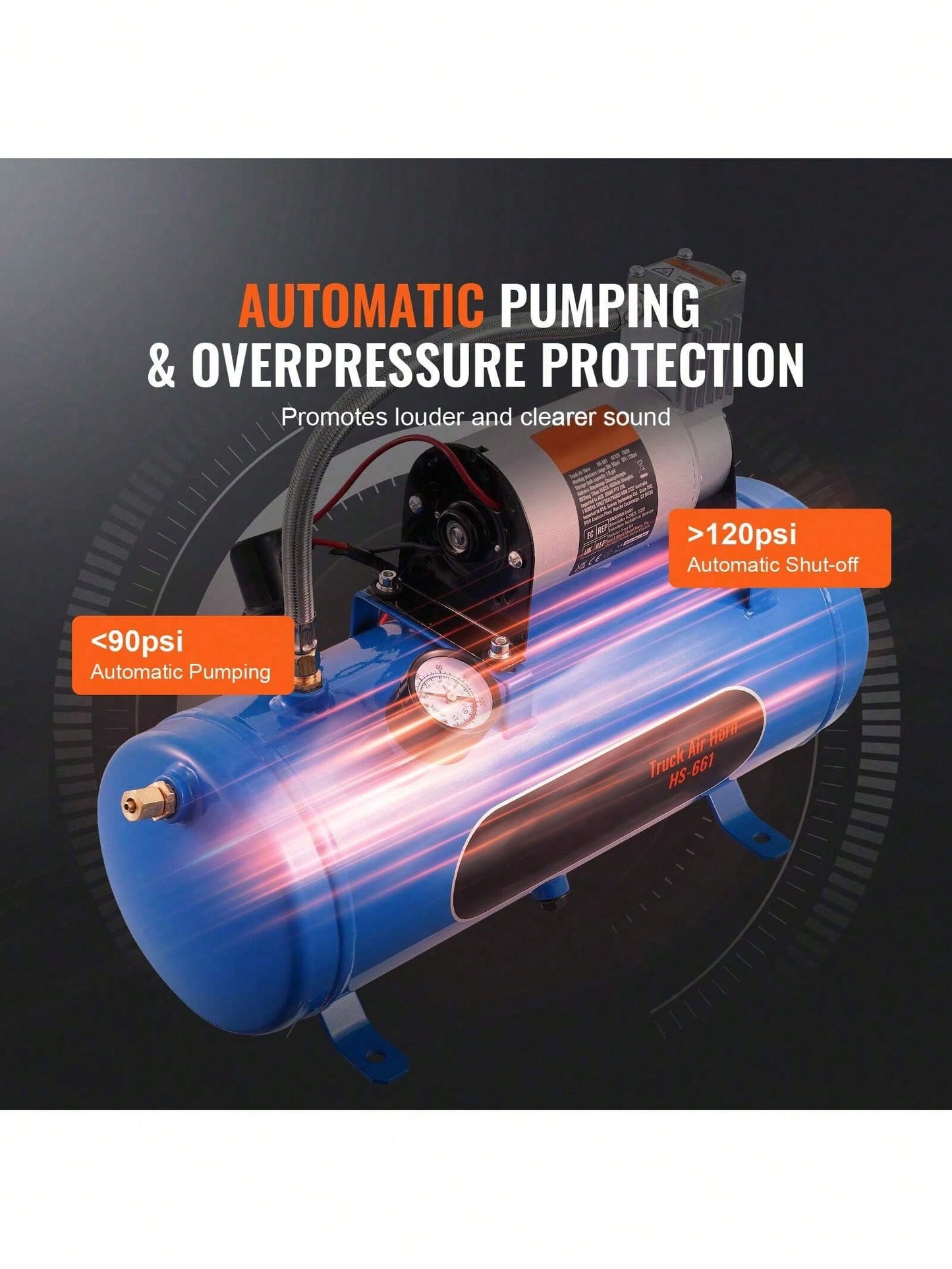 12V Air Compressor With Tank 1.6 Gallon/6 L, Train Horn Air Compressor, 120 Psi Working Pressure Onboard Air Compressor System For Train Air Horns, Inflating Tires, Air Mattresses