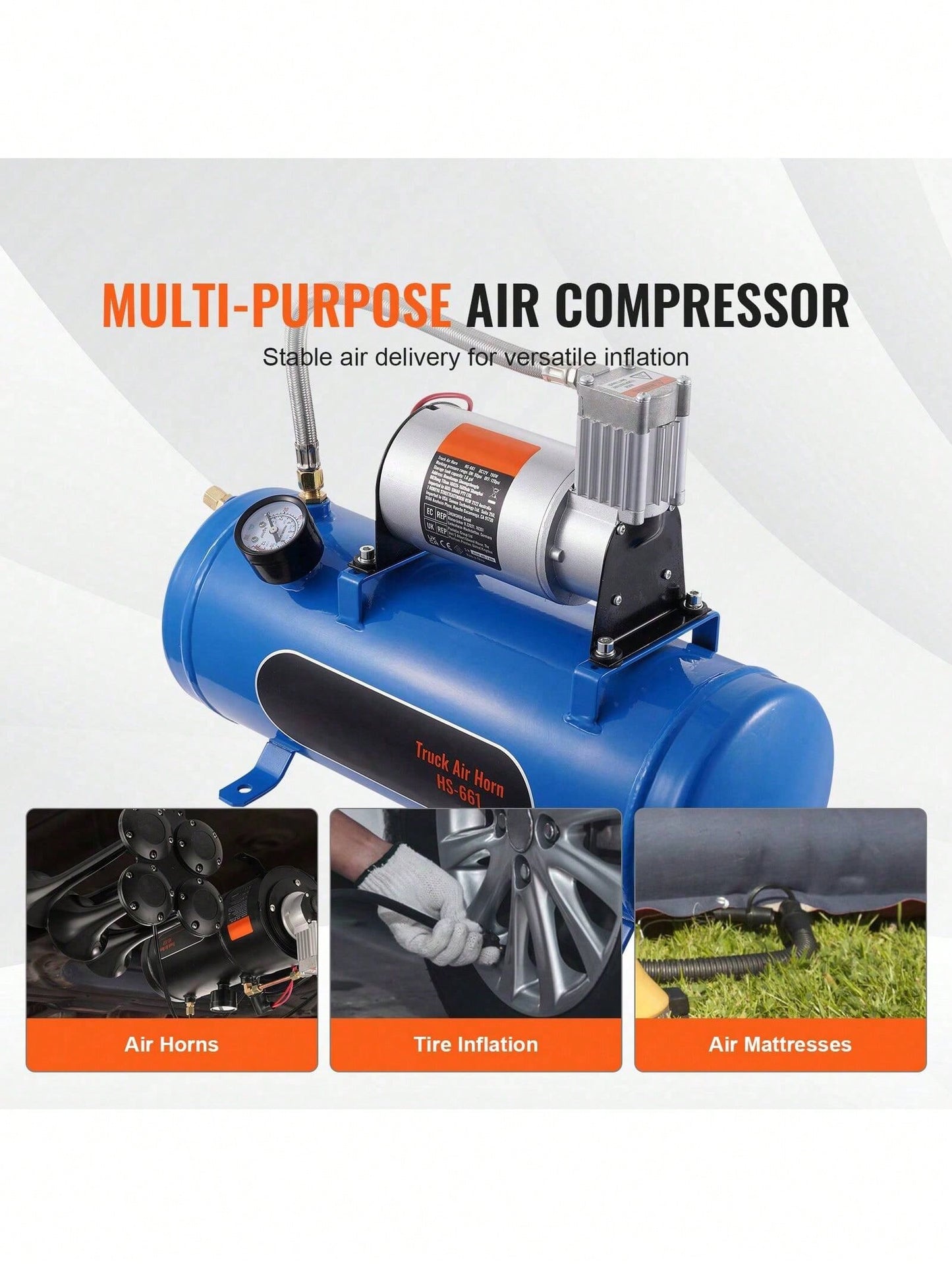 12V Air Compressor With Tank 1.6 Gallon/6 L, Train Horn Air Compressor, 120 Psi Working Pressure Onboard Air Compressor System For Train Air Horns, Inflating Tires, Air Mattresses