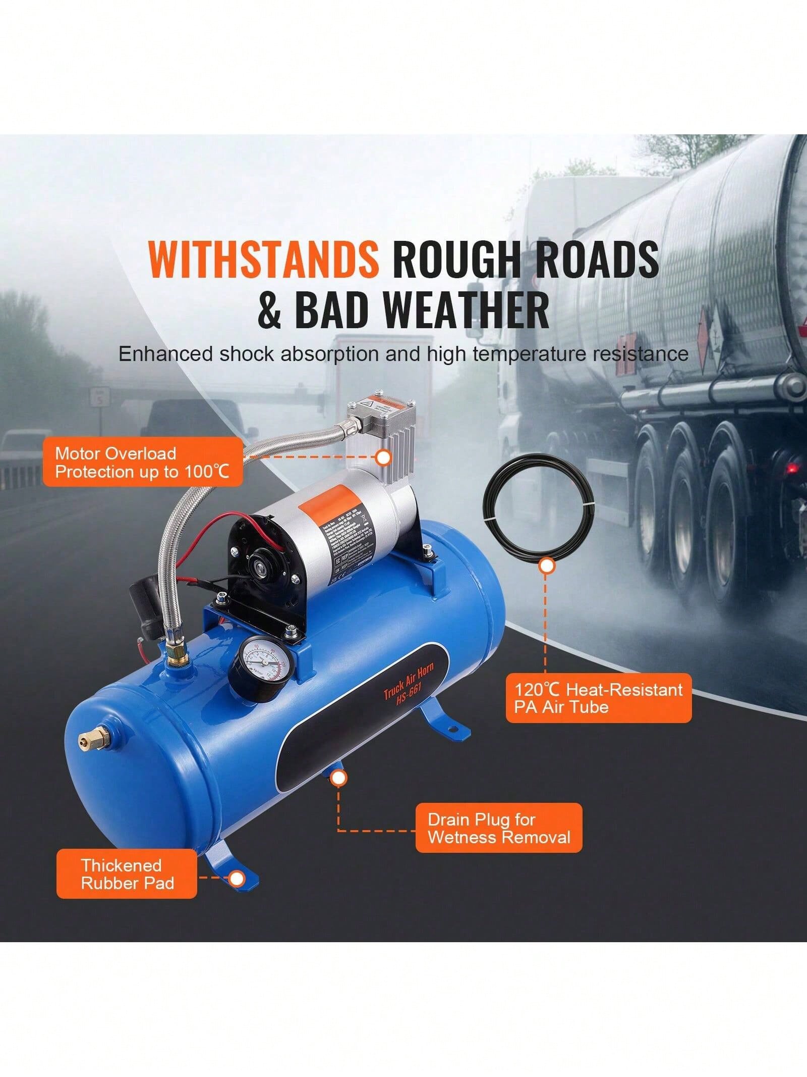 12V Air Compressor With Tank 1.6 Gallon/6 L, Train Horn Air Compressor, 120 Psi Working Pressure Onboard Air Compressor System For Train Air Horns, Inflating Tires, Air Mattresses